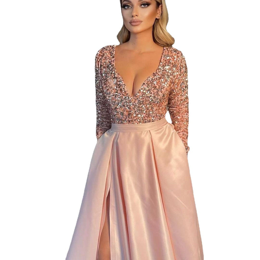 Damen Glamouröses Abendkleid mit tiefem V-Ausschnitt und schimmernden Pailletten Heidi-Mode