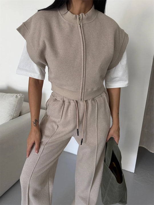Damen sportliches Twin-Set mit kurzem Reißverschluss und weiten Hosen Heidi-Mode