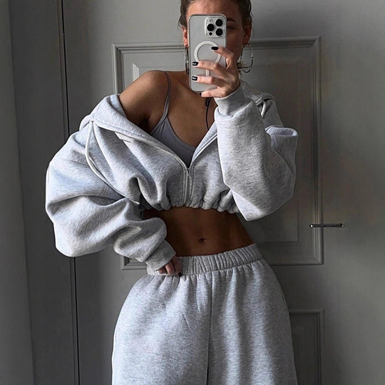 Damen lässiges Sweat-Set mit oversized Kapuzenjacke und weitem Bund Heidi-Mode