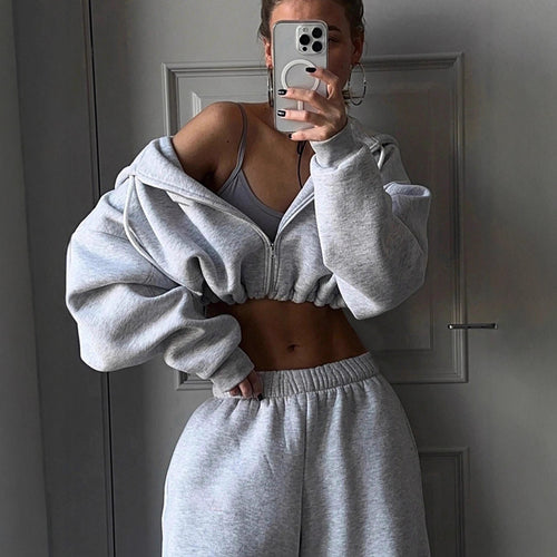 Damen lässiges Sweat-Set mit oversized Kapuzenjacke und weitem Bund Heidi-Mode