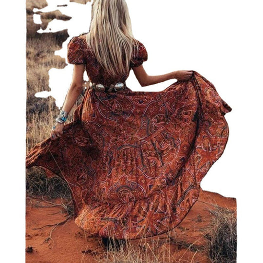 Heidi-Mode | Damen Kurzarm Paisleymuster Knopf Maxikleid