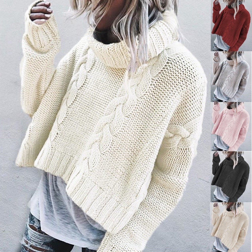 Damen Grobstrickpullover mit voluminösem Rollkragen und Zopfmuster Heidi-Mode