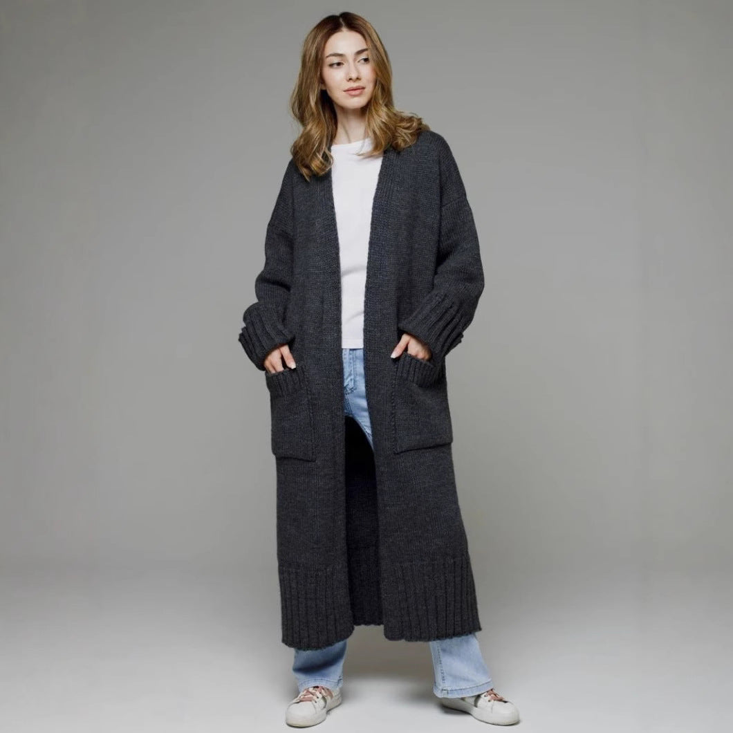 Damen bequemer langer Strickcardigan mit Taschen und breiten Ärmeln Heidi-Mode