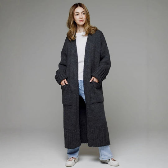 Damen bequemer langer Strickcardigan mit Taschen und breiten Ärmeln Heidi-Mode