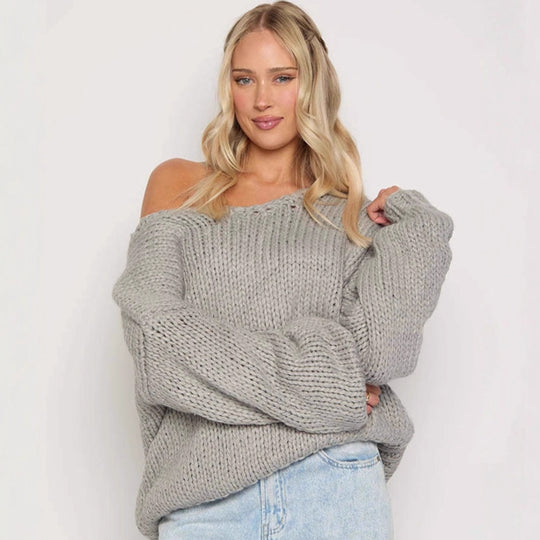 Damen oversized Strickpullover mit offenen Schultern und voluminösen Ärmeln Heidi-Mode