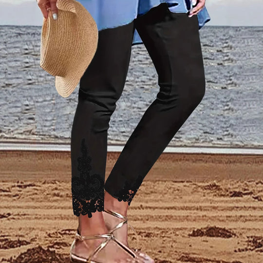 Damen Leggings mit spitzenbesetztem Saum und elastischem Bund Heidi-Mode