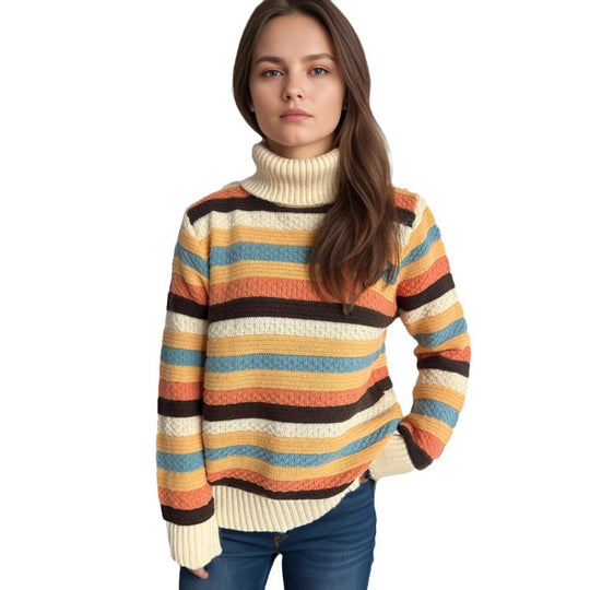 Damen Rollkragenpullover mit farbenfrohen Streifen und hochwertiger Strickqualität Heidi-Mode