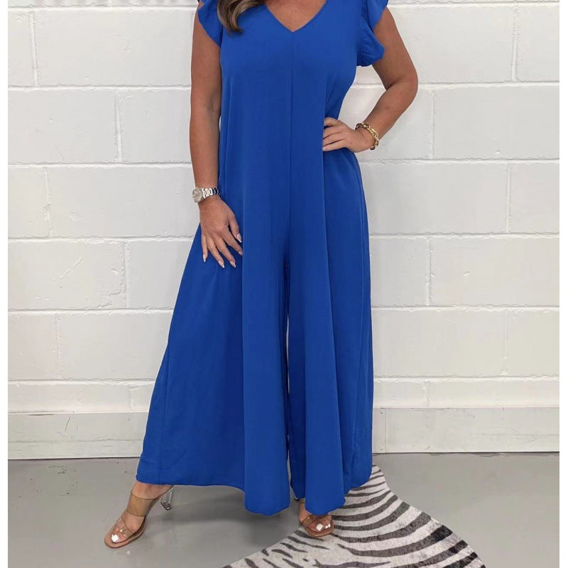 Damen luftiger Jumpsuit mit weit geschnittenem Bein und V-Ausschnitt Heidi-Mode