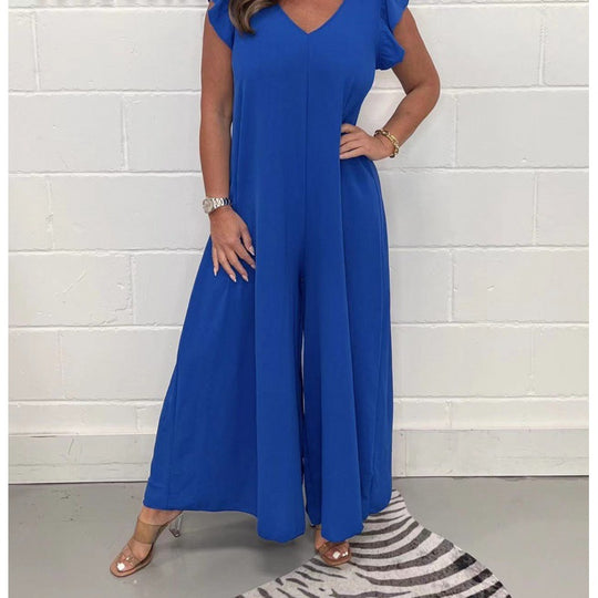 Damen luftiger Jumpsuit mit weit geschnittenem Bein und V-Ausschnitt Heidi-Mode