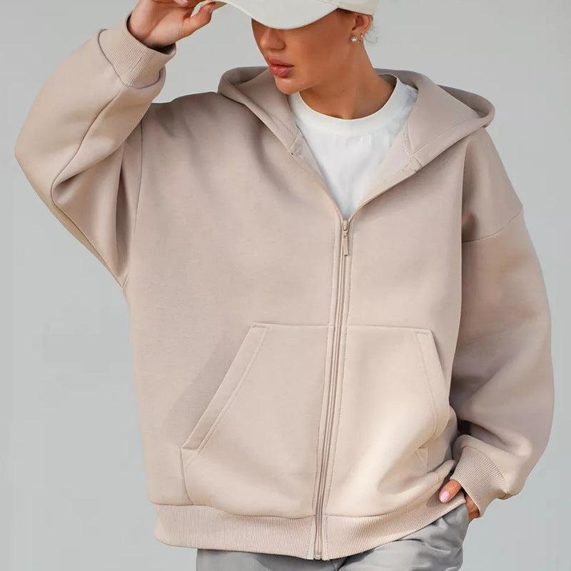 Damen oversized Kapuzenjacke mit durchgehendem Reißverschluss und großen Taschen Heidi-Mode