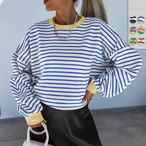 Damen Lässiges gestreiftes Sweatshirt mit voluminösen Ärmeln Heidi-Mode