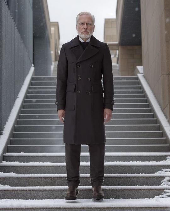 Herren eleganter Dufflecoat mit tiefem Revers und praktischen Taschen Heidi-Mode