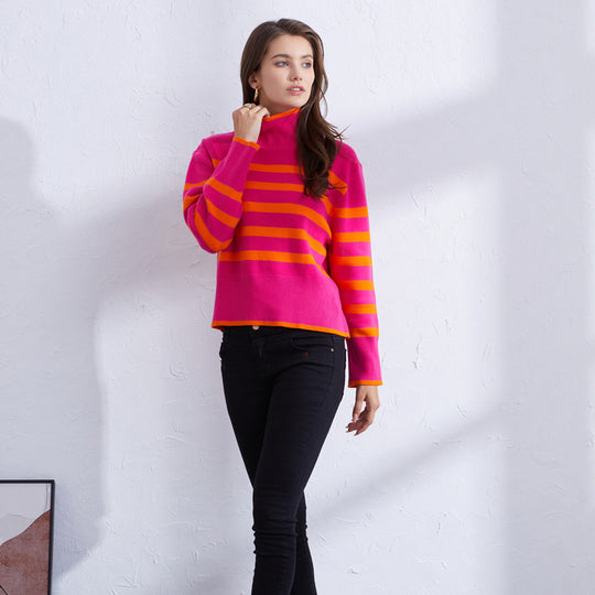 Damen hochwertiger gestreifter Pullover mit Stehkragen Heidi-Mode