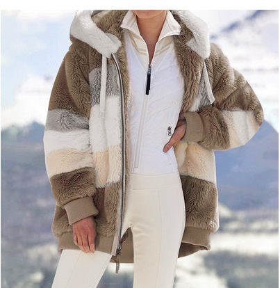 Damen Modische und warme Fleecejacke mit Kapuze und blockartigem Design Heidi-Mode