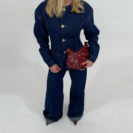 Damen Jeansjacke im taillierten Schnitt mit dekorativen Knöpfen Heidi-Mode