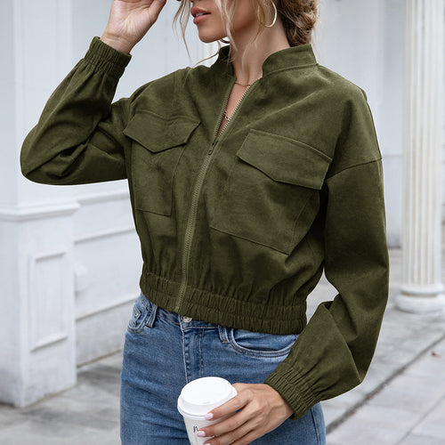 Damen Bomberjacke mit elastischem Bund und aufgesetzten Taschen Heidi-Mode