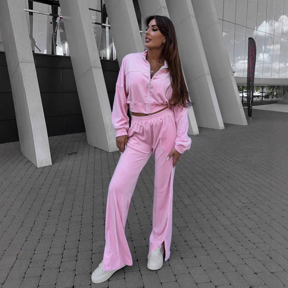 Damen sportliches Cropped Fleece-Set mit hohem Kragen und Reißverschluss Heidi-Mode