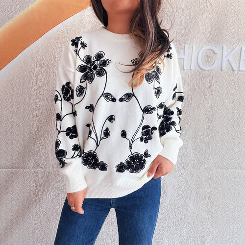 Damen lässiger Pullover mit floralem Stickdesign und modernem Schnitt Heidi-Mode