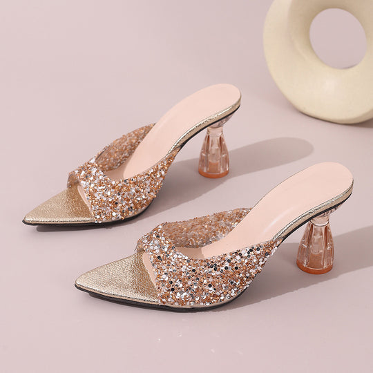 Damen Glamouröse und funkelnde High Heels mit transparentem Blockabsatz Heidi-Mode