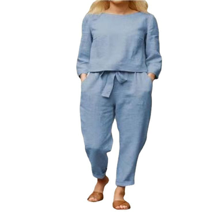 Damen Leinenanzug mit kurzem Oberteil und elastischem Bund Heidi-Mode