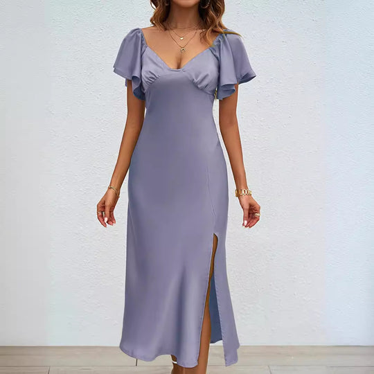 Damen elegantes Midikleid mit schickem V-Ausschnitt und voluminösen Rüschendetails Heidi-Mode