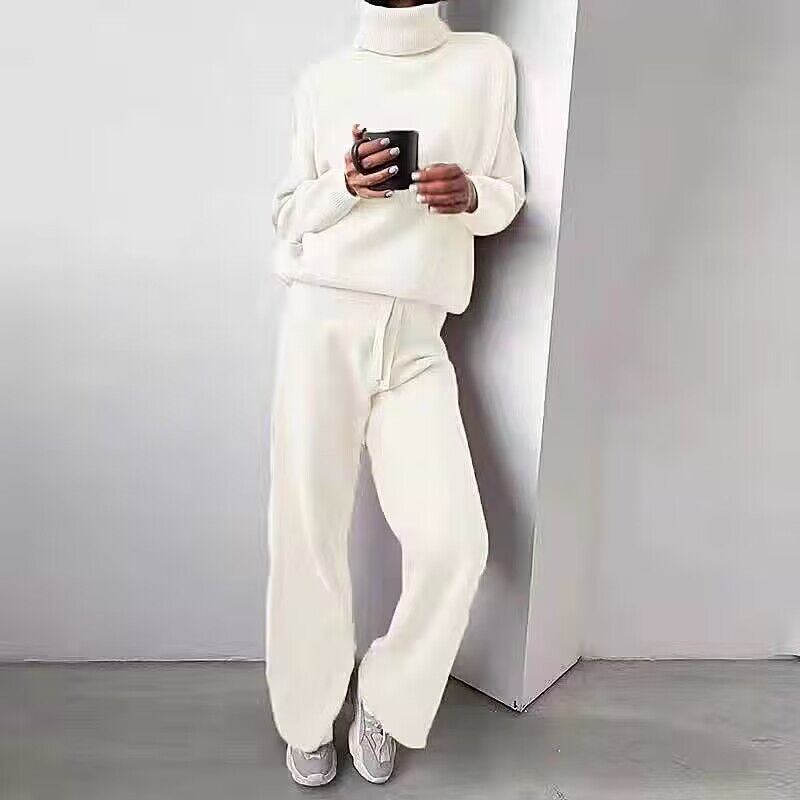 Damen elegantes Strick-Loungewear-Set mit hohem Kragen und weitem Bein Heidi-Mode