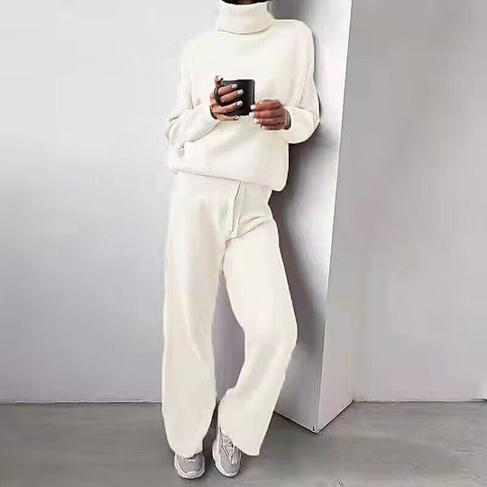 Damen elegantes Strick-Loungewear-Set mit hohem Kragen und weitem Bein Heidi-Mode