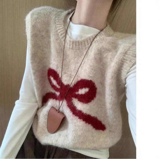 Damen Kuschelige Strickweste mit verspieltem Schleifenmotiv Heidi-Mode