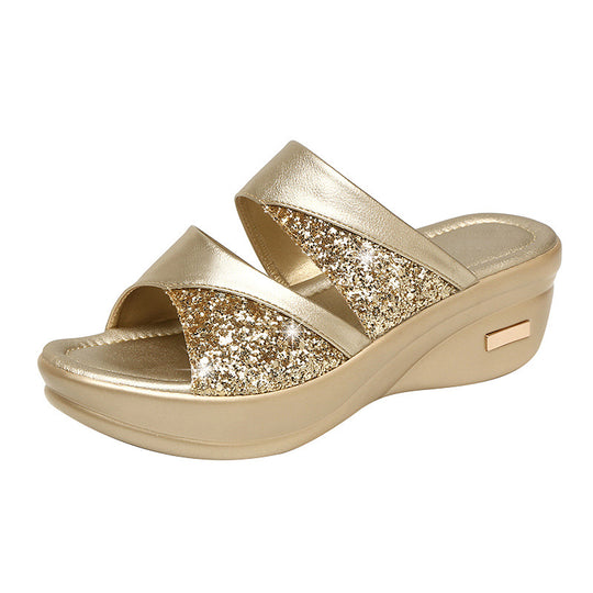 Damen Glitzernde Keil-Sandalen mit Komfort-Fußbett Heidi-Mode