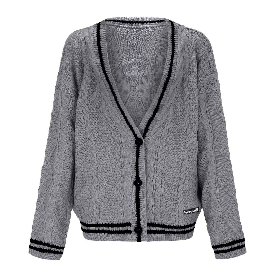 Damen Grobstrick Cardigan mit tiefem V-Ausschnitt und kontrastierenden Knopfdetails Heidi-Mode