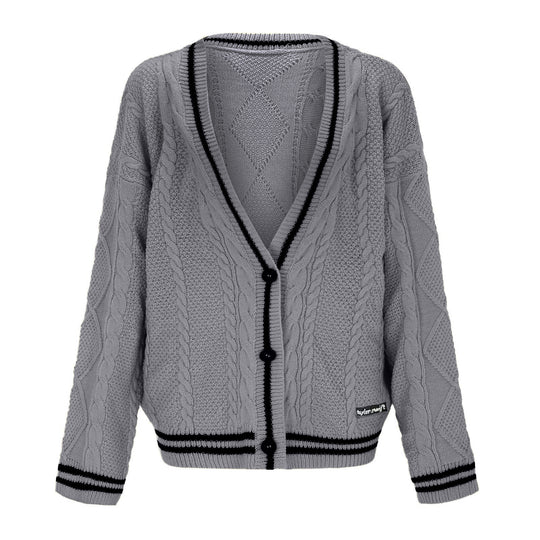 Damen Grobstrick Cardigan mit tiefem V-Ausschnitt und kontrastierenden Knopfdetails Heidi-Mode