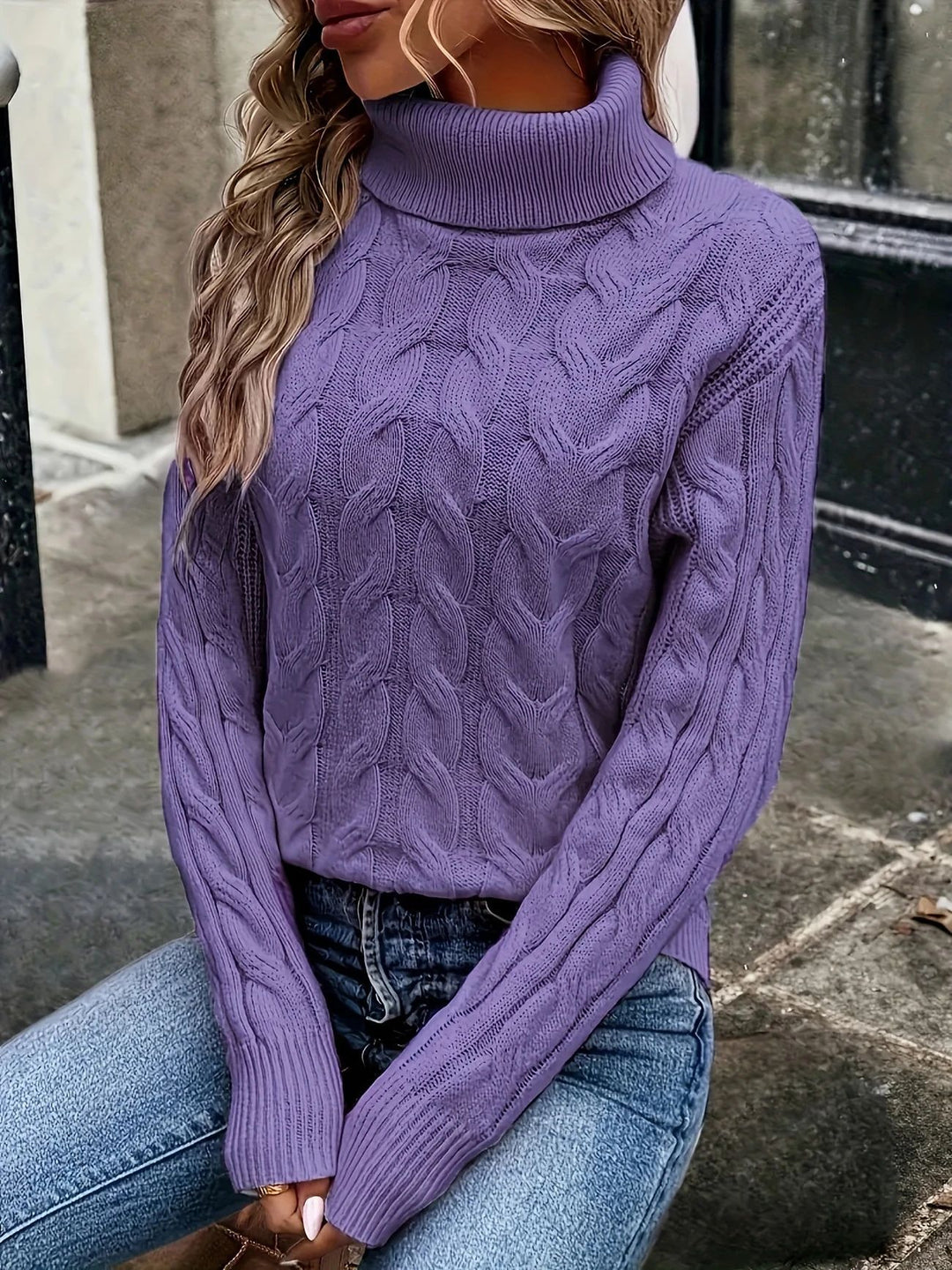 Damen Strickpullover mit hohem Kragen und Zopfmuster Heidi-Mode