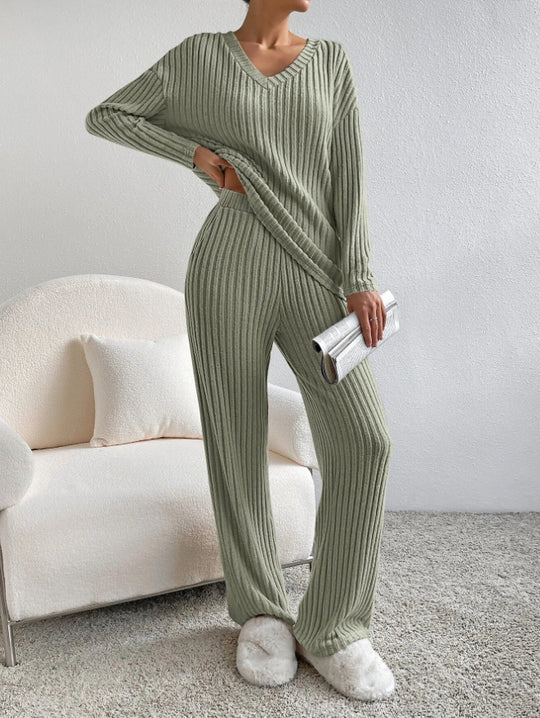 Damen Lässiges Freizeitsweat-Set mit V-Ausschnitt und weitem Schnitt Heidi-Mode
