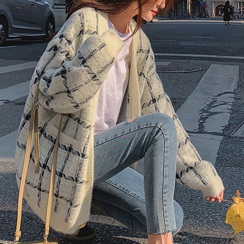 Damen Kuscheliger Oversized-Strickcardigan mit Karomuster Heidi-Mode