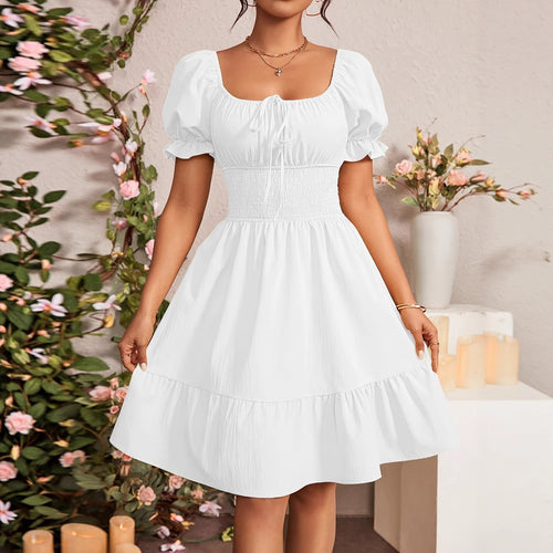 Damen Puffärmel Kleid mit elastischem Tailleneinsatz und Rüschensaum Heidi-Mode