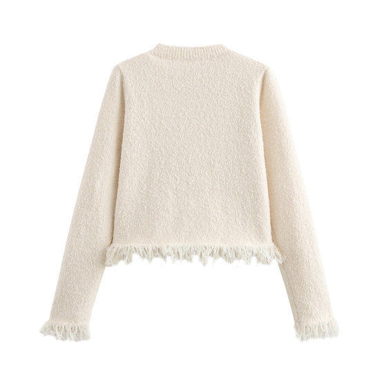 Damen Bouclé-Jacke mit eleganten Schleifen und Fransen Heidi-Mode