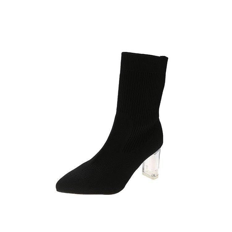 Damen Stiefeletten mit transparentem Absatz und elastischem Strickoberteil Heidi-Mode