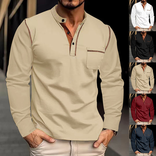 Herren Langarm-Henley-Shirt mit modernem Kragen und praktischer Brusttasche Heidi-Mode