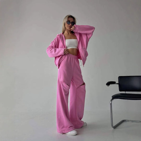 Damen modisches Sport-Lounge-Set mit künstlerischen Cut-Outs und übergroßem Hoodie Heidi-Mode
