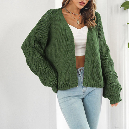 Damen Grobstrick Cardigan mit breiten Ärmeln und V-Ausschnitt Heidi-Mode