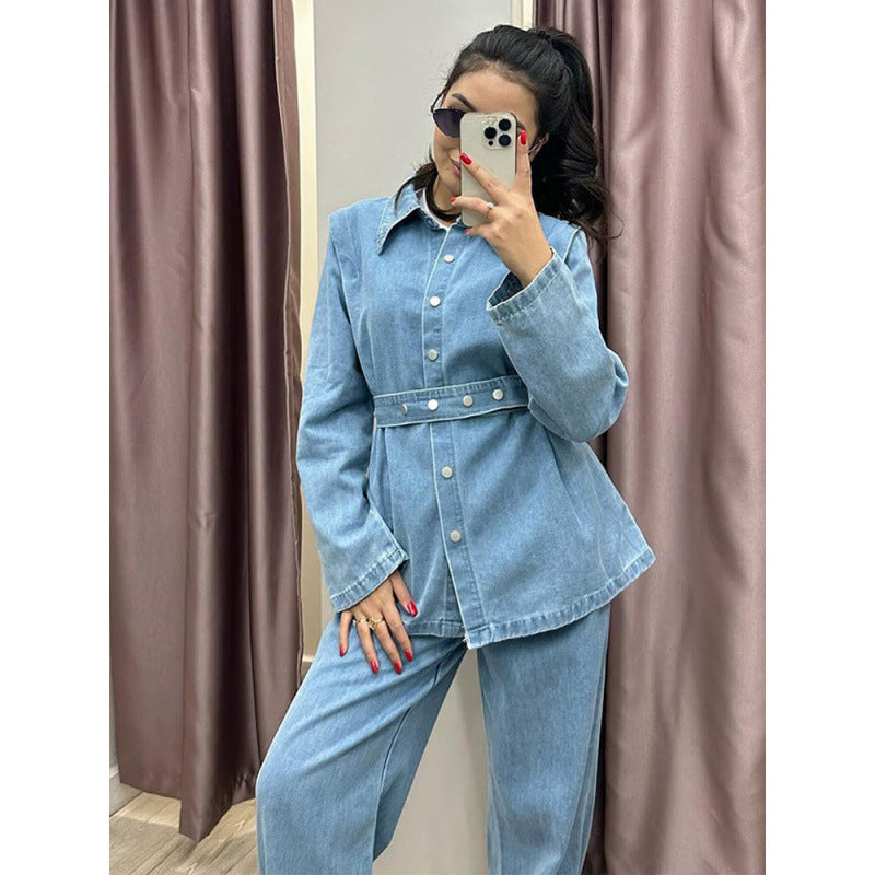 Damen Denim-Blazer-Set im Vintage-Stil mit Taillengürtel Heidi-Mode