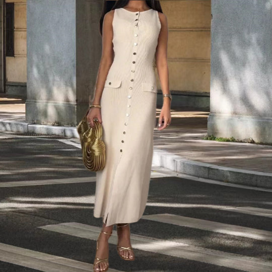 Damen Strickmaxikleid mit Knopfleiste und seitlichen Schlitzen Heidi-Mode