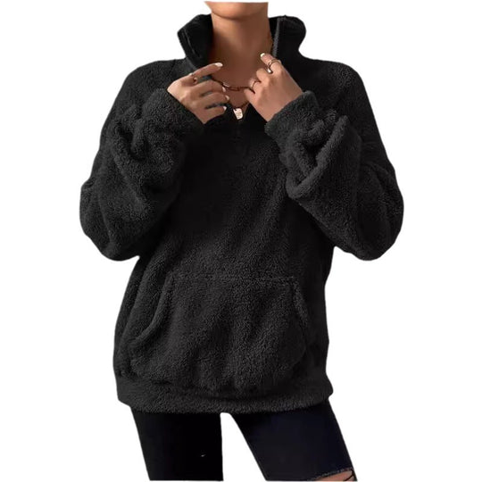 Damen Kuscheliger Fleece-Pullover mit Stehkragen und Eingrifftaschen Heidi-Mode