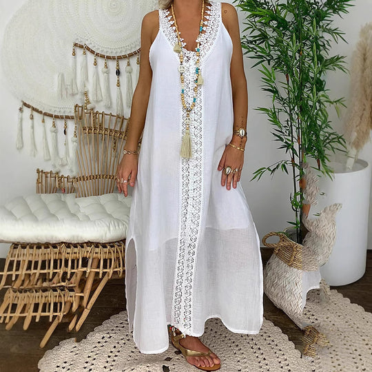 Damen Maxi-Strandkleid mit elegantem Spitzenbesatz und seitlichen Schlitzen Heidi-Mode