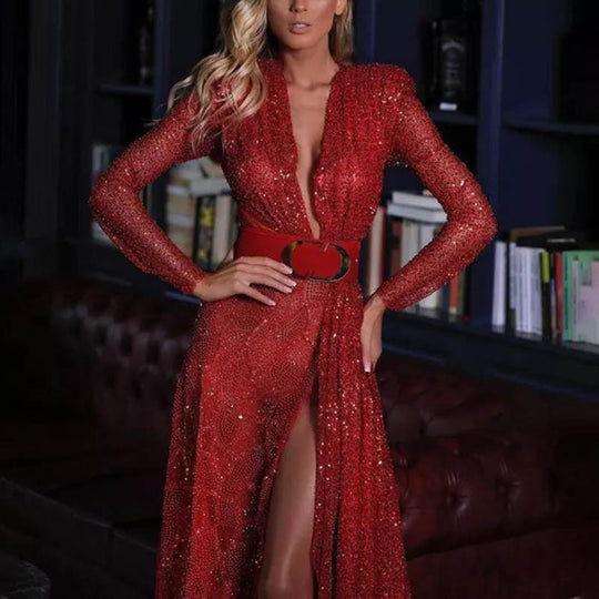 Damen Glitzerndes Abendkleid mit tiefem V-Ausschnitt und Eleganter Schleppe Heidi-Mode