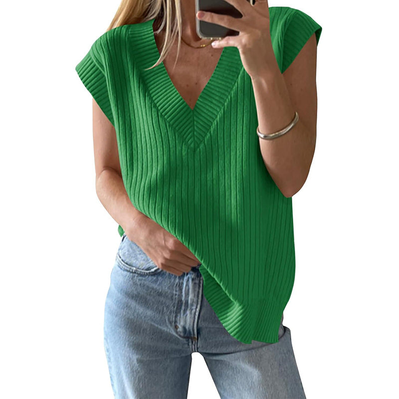 Damen lässiges V-Ausschnitt Oberteil aus Rippstrickmaterial Heidi-Mode
