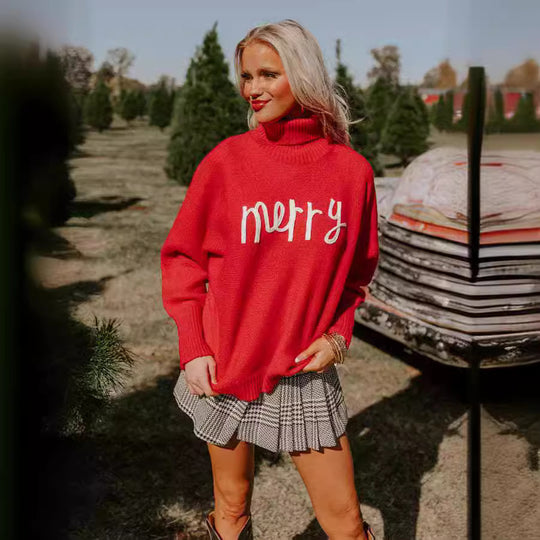 Damen Rollkragenpullover mit lustigem Weihnachtsmotiv Heidi-Mode