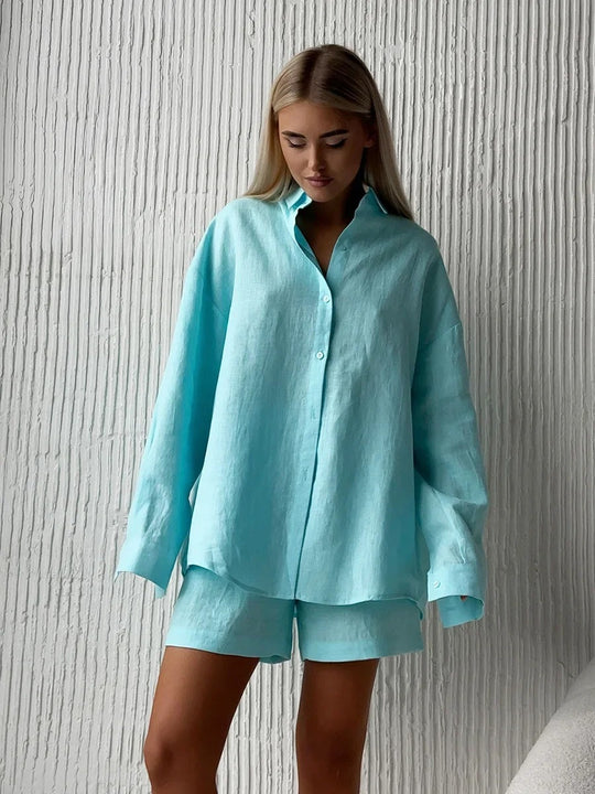 Damen lässiges Leinen Set mit lockerer Bluse und Shorts Heidi-Mode
