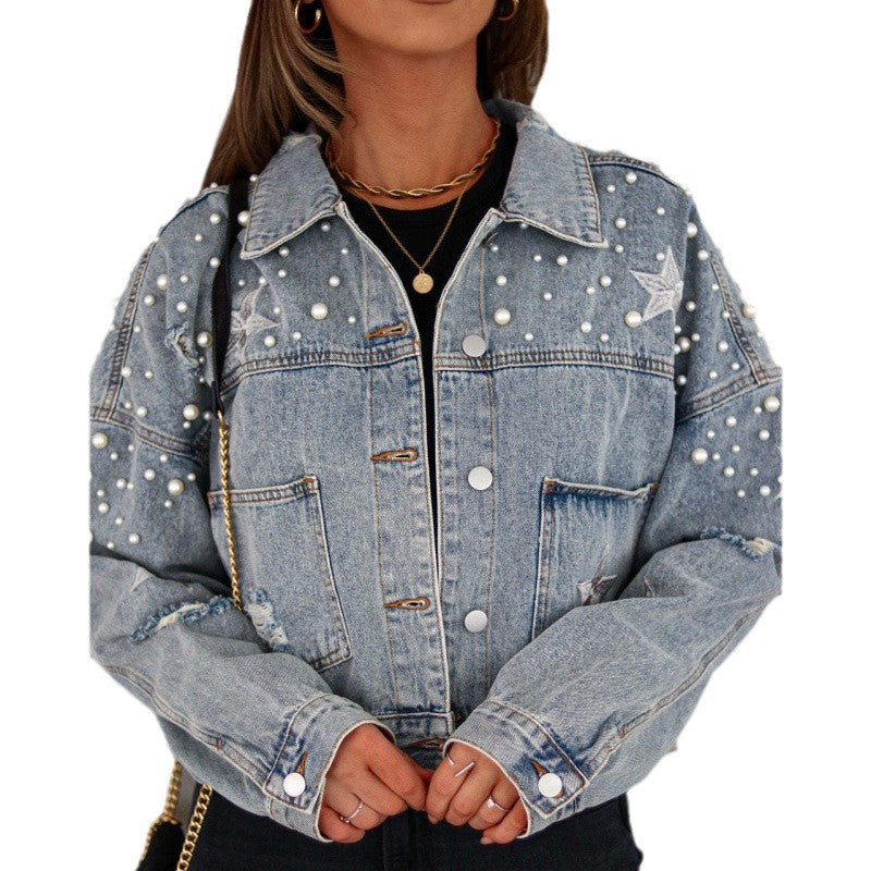 Damen Jeansjacke mit auffälligen Applikationen und oversized Schnitt Heidi-Mode