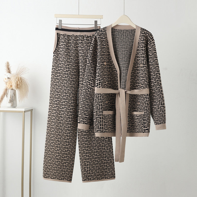 Damen lässiges Strick-Loungewear-Set mit geometrischem Muster Heidi-Mode